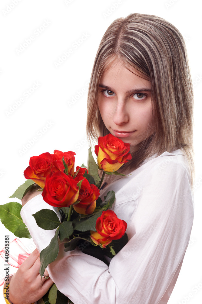 Young woman with a bunch of roses Young woman with a bunch of roses