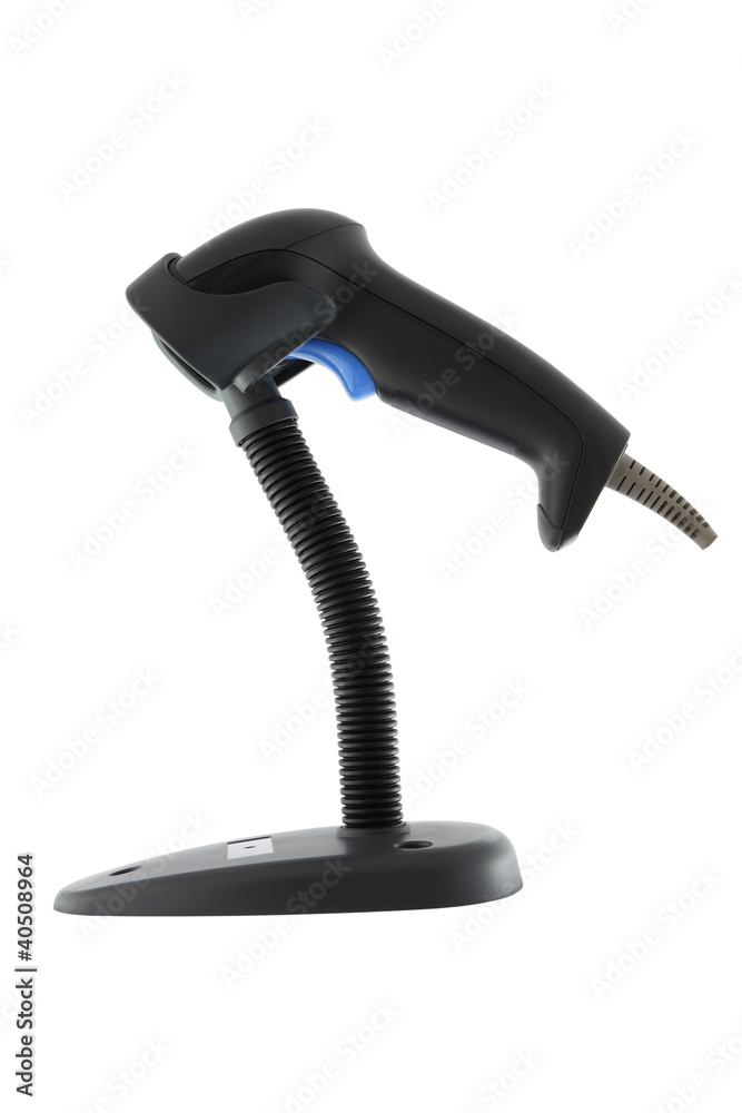 Side of black barcode scanner base placed on white background.