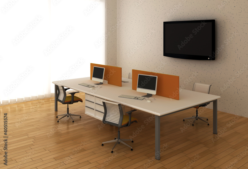 Interior office with system office desks and TV. Interior office with system office desks and TV.