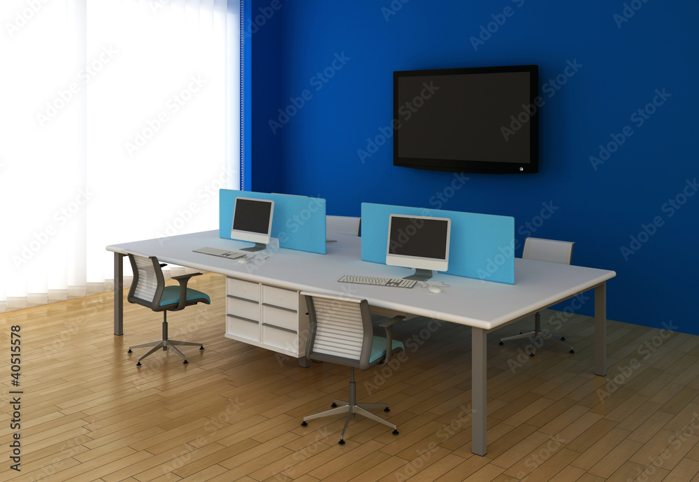 Interior office with system office desks and TV. Interior office with system office desks and TV.