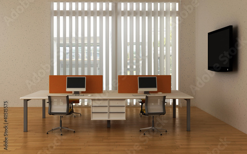 Interior office with system office desks and TV.