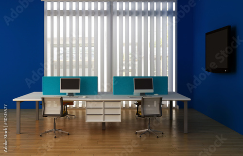 Interior office with system office desks and TV.