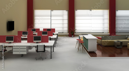 Interior open space office with system office desks and lounge