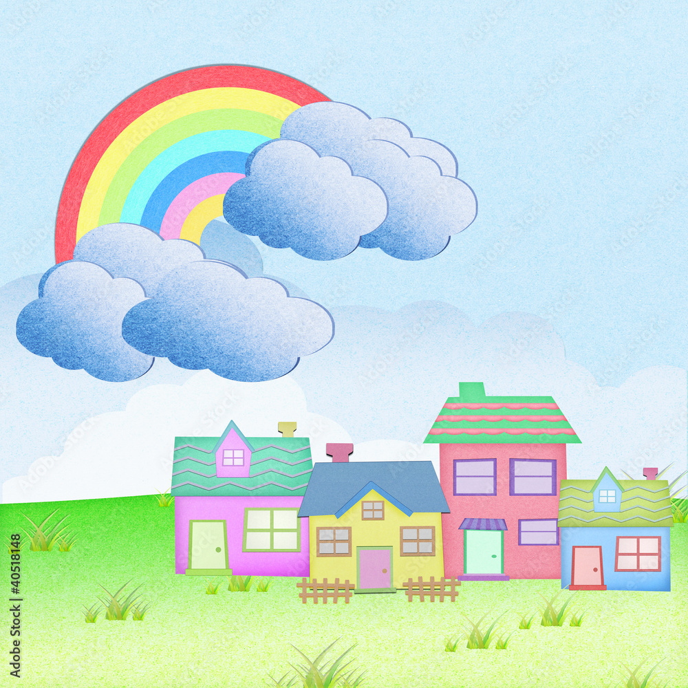 house from recycle paper with grass field rainbow background house from recycle paper with grass field rainbow background