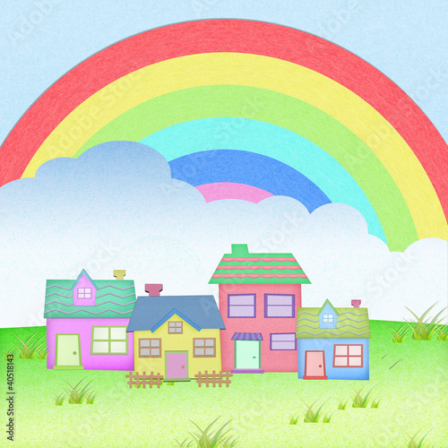 house from recycle paper with grass field rainbow background