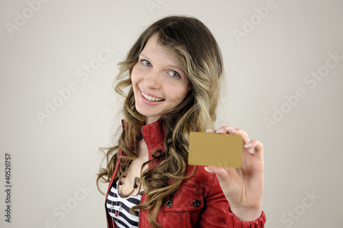 woman showing credit or gift card