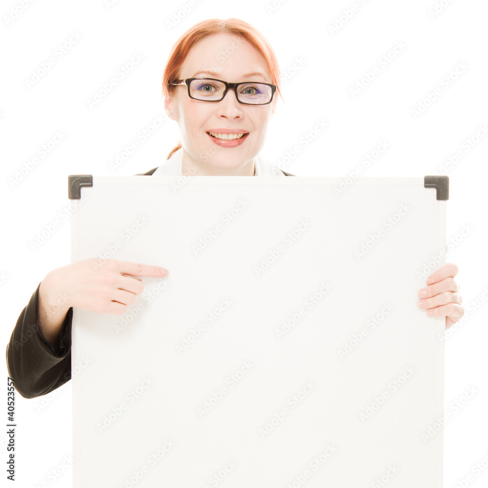 Businesswoman holding blank whiteboard sign. Businesswoman holding blank whiteboard sign.