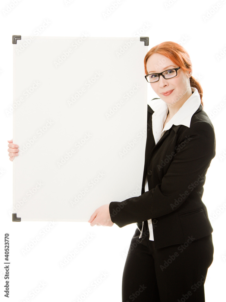 Businesswoman holding blank whiteboard sign. Businesswoman holding blank whiteboard sign.
