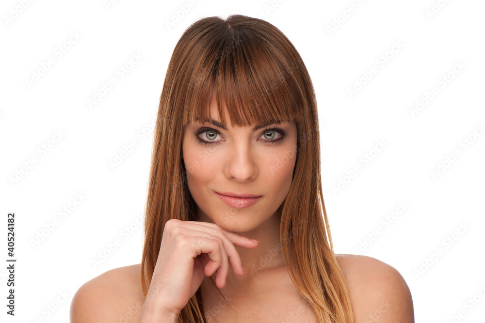 Beauty portrait of attractive young girl touching her shoulders Beauty portrait of attractive young girl touching her shoulders