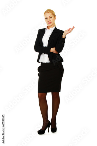 Business woman showing something, isolated on white background