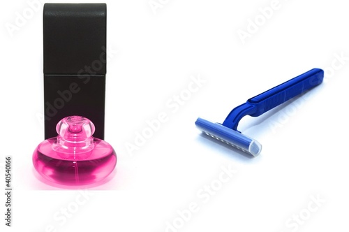 Blue razor and perfumes
