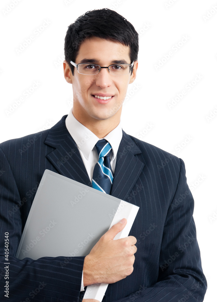Businessman with gray folder, isolated