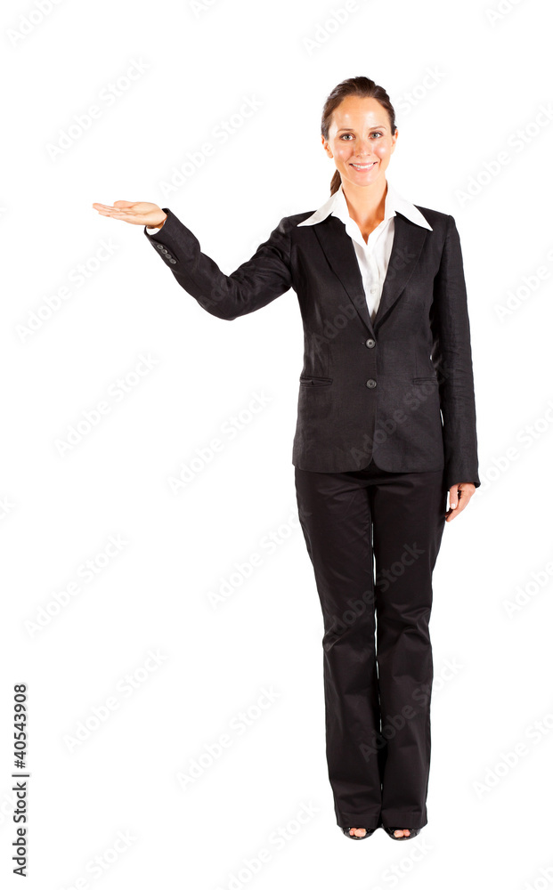 businesswoman presenting on white background businesswoman presenting on white background