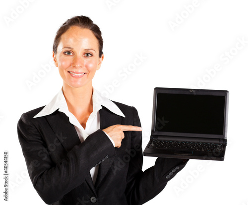 businesswoman pointing at laptop screeen