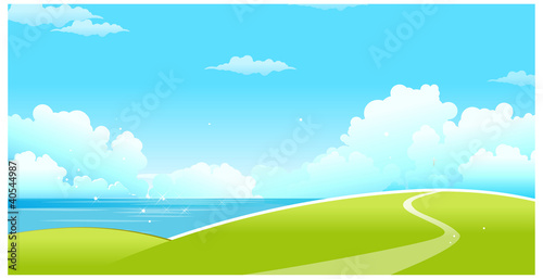 Fototapeta Naklejka Na Ścianę i Meble -  Green landscape with sea and blue sky