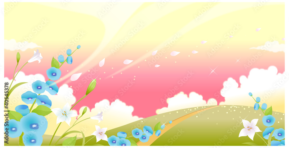 Fototapeta premium Green landscape with flowers and sky