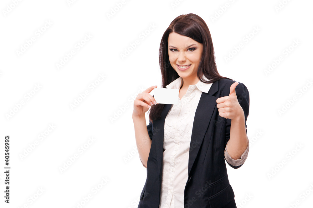 young woman in a jacket and blouse, white indicates a credit car young woman in a jacket and blouse, white indicates a credit car