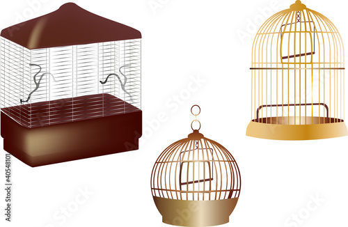 three empty color birdcages on white