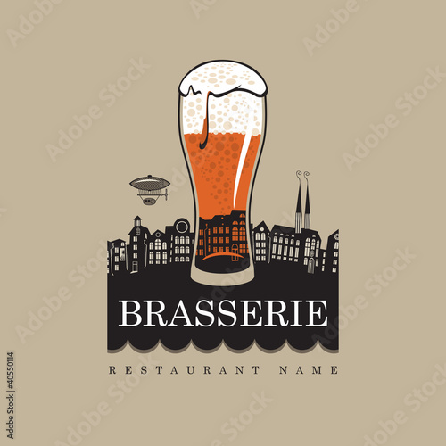 banner with glass of beer on background of old town