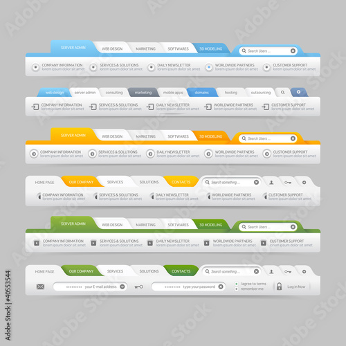 Web site navigation elements with icons:Navigation menu bars