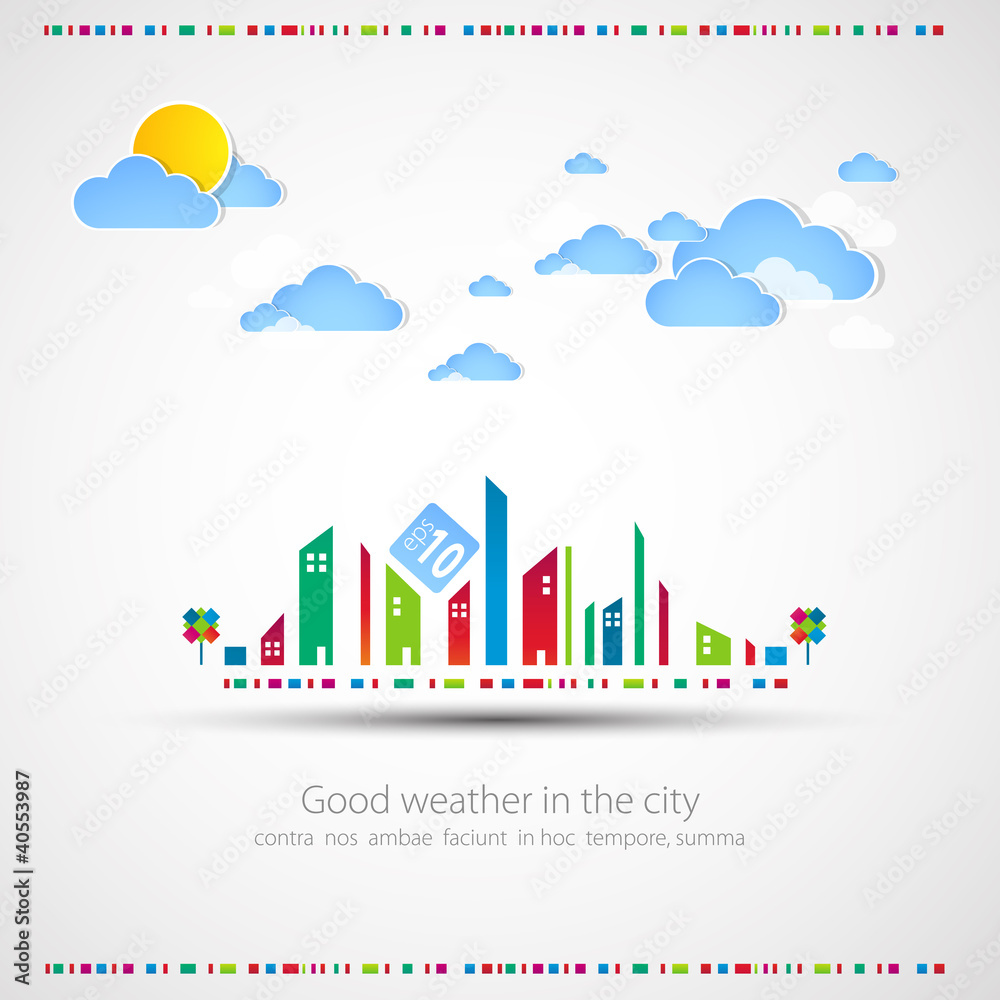 Funny city theme background with sun and clouds.