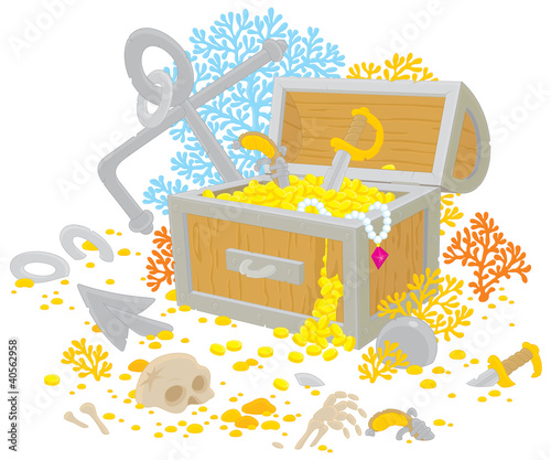 anchor and treasure chest of a sunken pirate ship