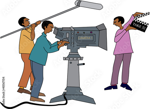 Young black professional film crew on location