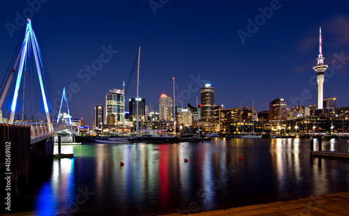 Auckland, New Zealand, Skyline at Night with Bridge
