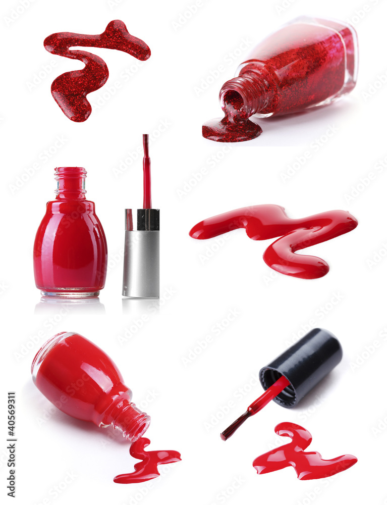 a collage of red shiny nail polish isolated on white a collage of red shiny nail polish isolated on white