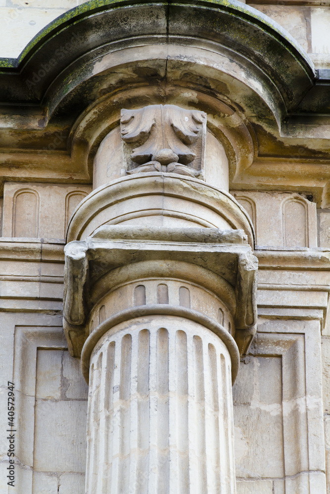 Detail of an ancient Greek pillar of ionic order ,facade of the