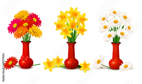 Fototapeta Naklejka Na Ścianę i Meble -  Spring colorful flowers in vases. Vvector