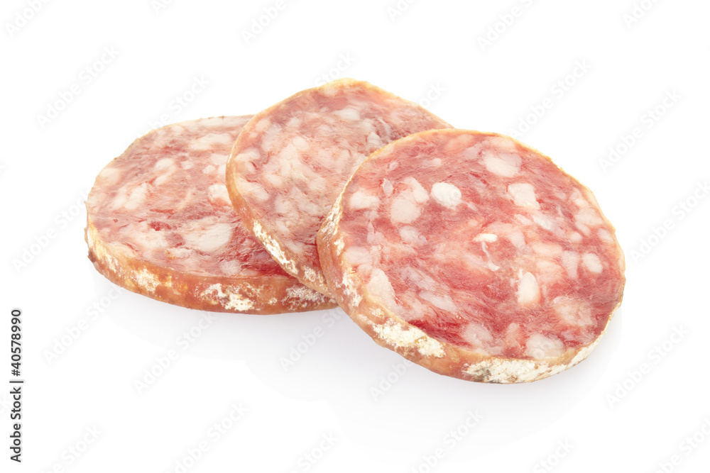 Salami slices isolated, clipping path included Salami slices isolated, clipping path included
