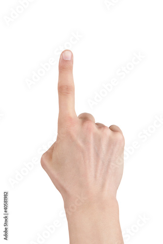 Human hand pointing or touching screen isolated on white photo