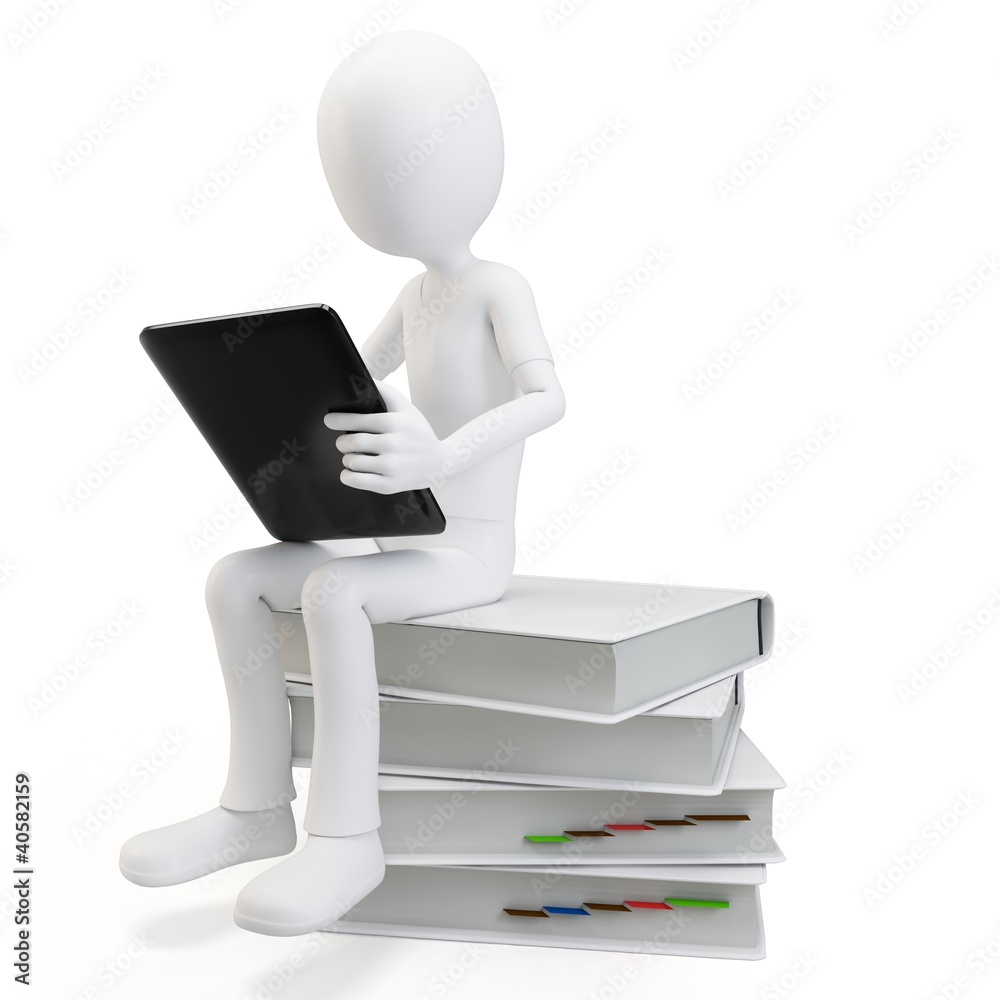 3d man sitting on a pile of books working with a tablet 3d man sitting on a pile of books working with a tablet