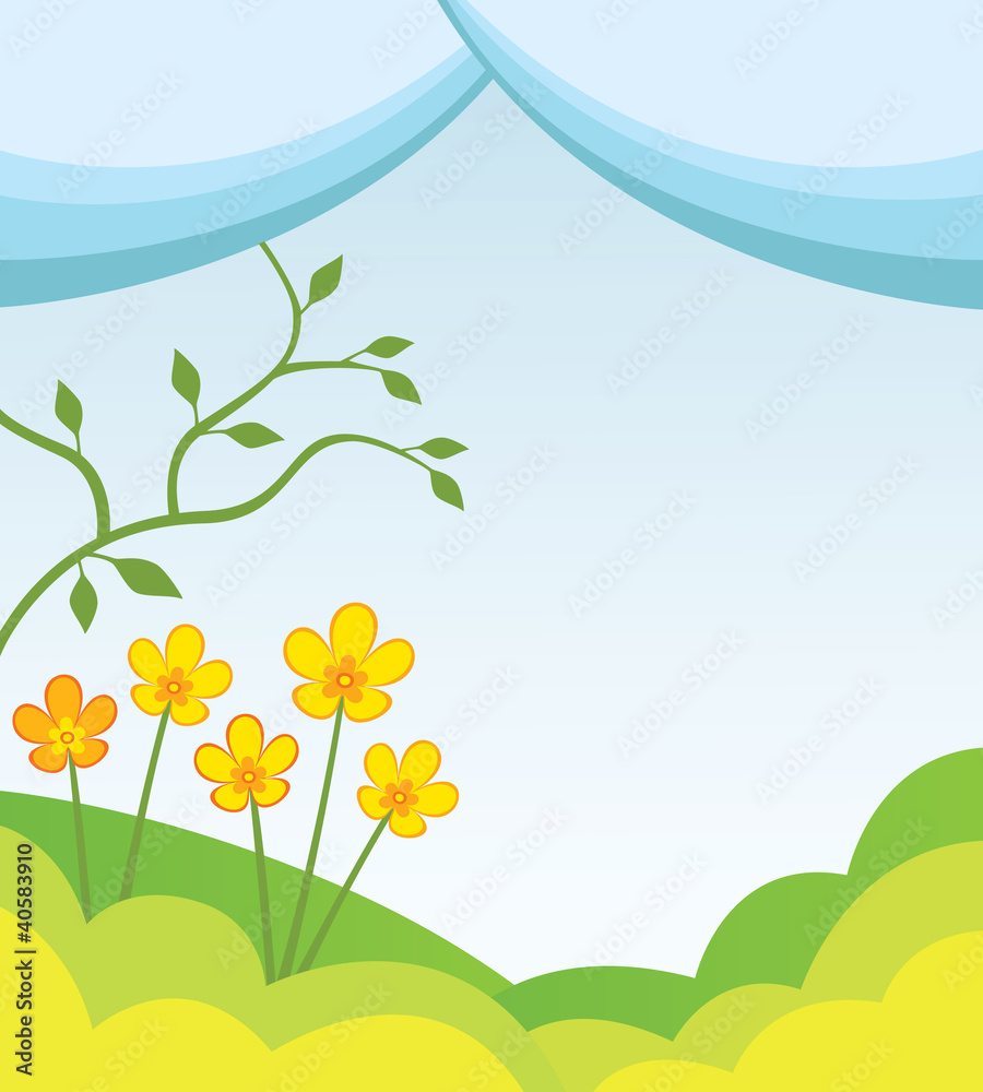 Abstract spring background with hills, flowers and tree Abstract spring background with hills, flowers and tree