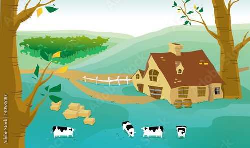 Cartoon illustration of village and cows on a farm