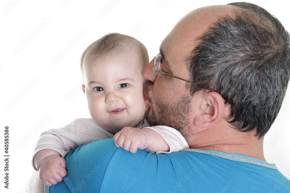 father and baby over white father and baby over white
