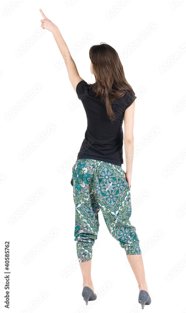Back view of young brunette woman pointing at wal Back view of young brunette woman pointing at wal