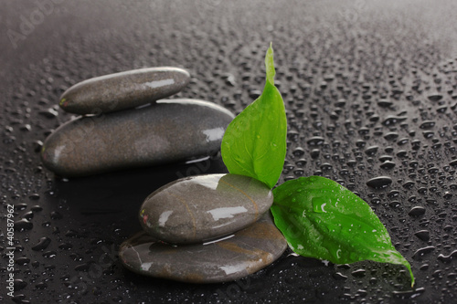 spa stones with water drops and leaves on black background