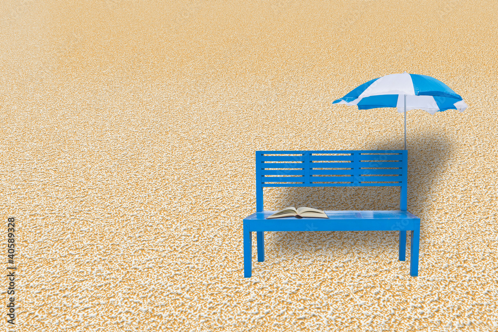 sun umbrella book and blue chairs on sand sun umbrella book and blue chairs on sand
