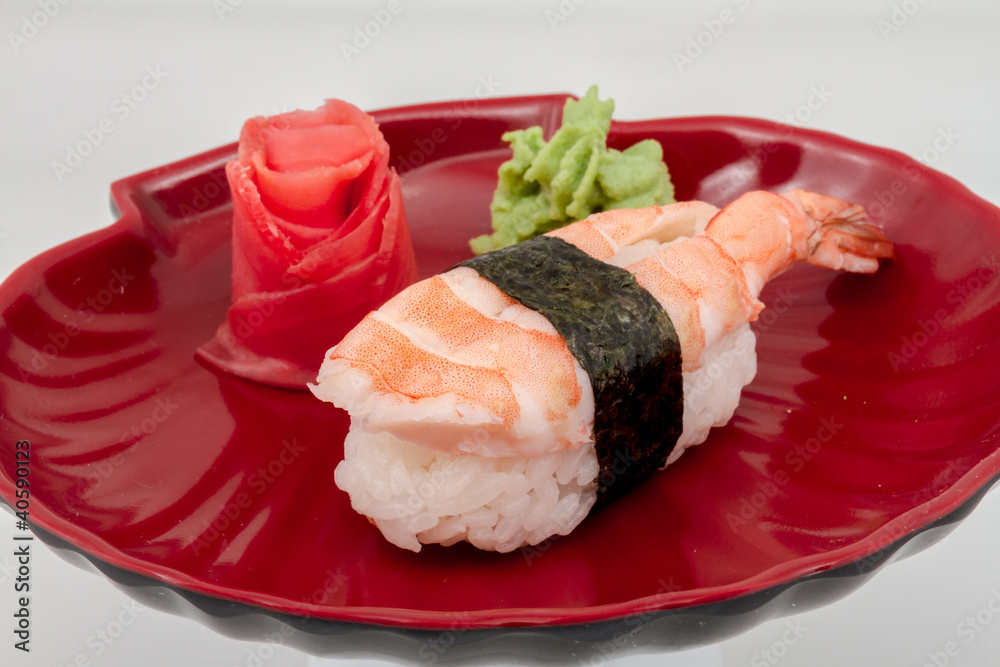 Shrimp sushi closeup isolated on white background Shrimp sushi closeup isolated on white background