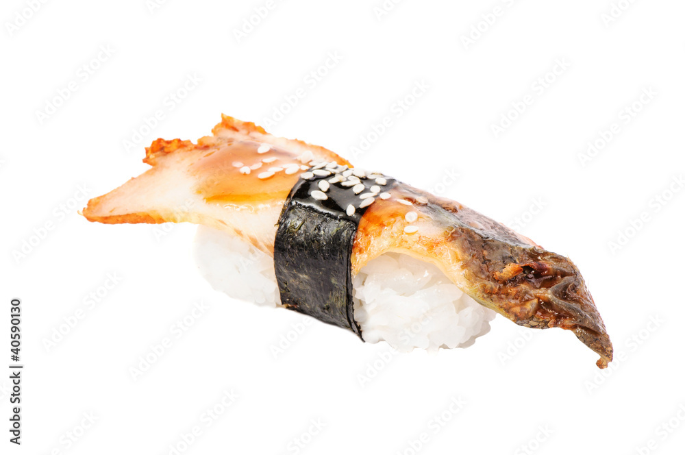 Sushi nigiri with fried eel on white background isolated Sushi nigiri with fried eel on white background isolated