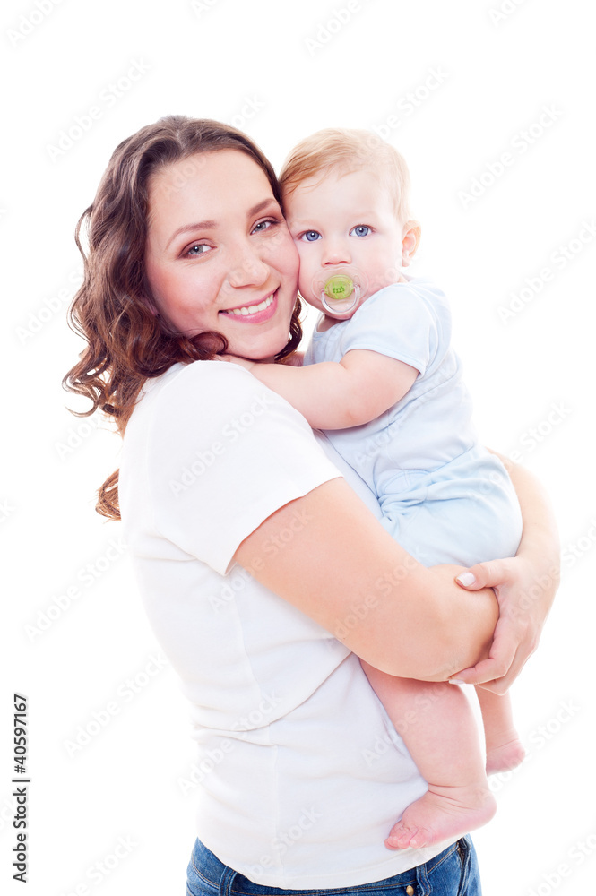 studio shot of young mother and son