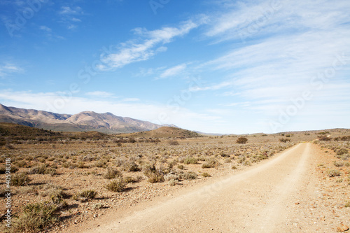 Dirt road in arid region leading away from viewer