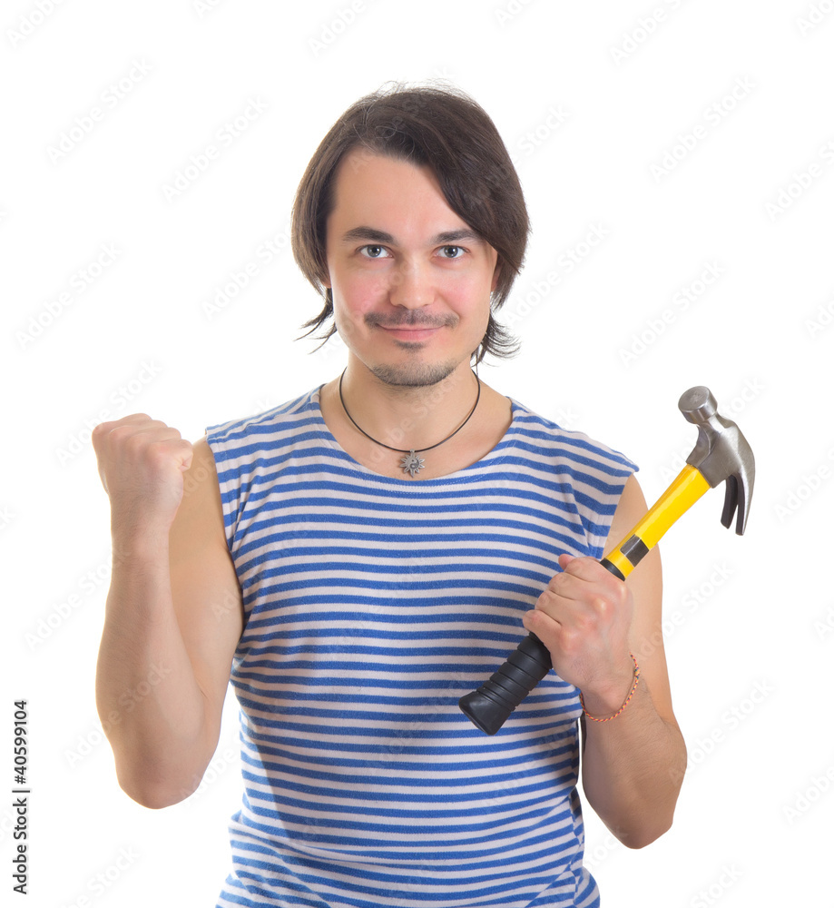 Handsome man with hammer. Isolated on white background Handsome man with hammer. Isolated on white background