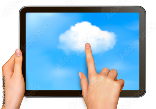 Cloud computing concept  Finger touching cloud on