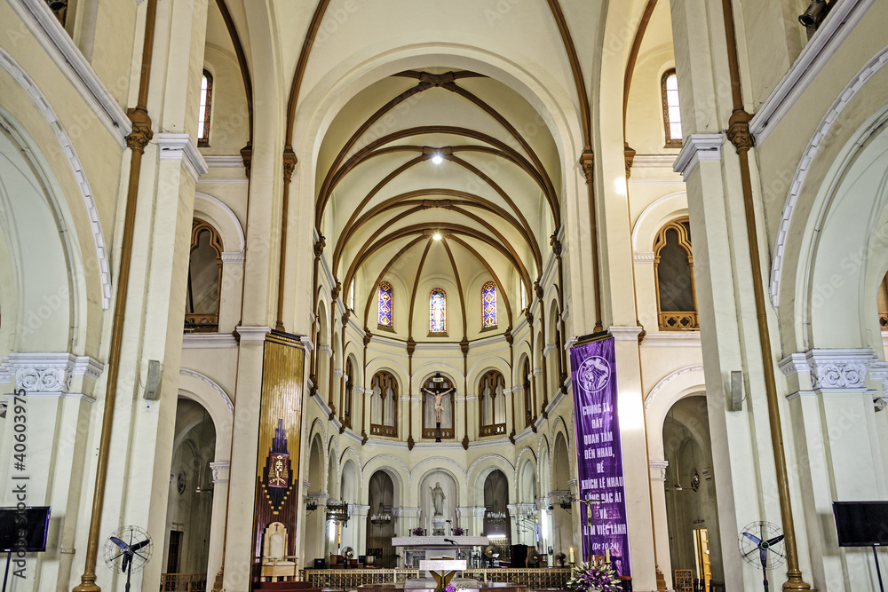 Interior of Saigon Notre-Dame Basilica in Vietnam