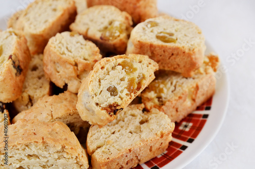 close up of appetizing brown cakes with raisins