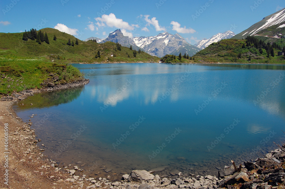 Crystal clear water of alpine lake in Swiss Alps
