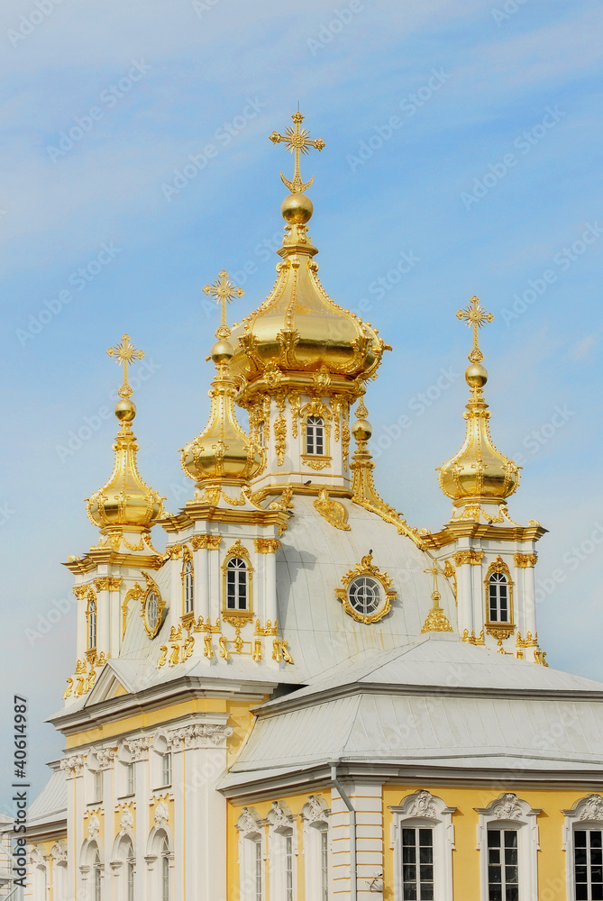 White Cathedral with golden cupolas in Peterhof